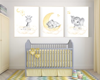 Neutral Nursery Wall Art: Yellow Gray Animals Print Set