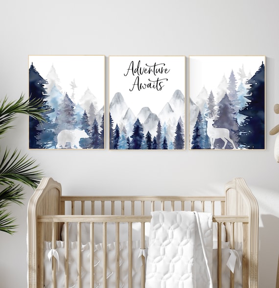 Nursery decor woodland, mountain wall art, tree nursery decor, adventure theme nursery, forest, navy and baby blue, woodland animals