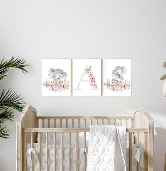 Nursery decor girl boho, elephant nursery wall art, nursery decor girl floral, nursery decor girl woodland, floral nursery, boho nursery