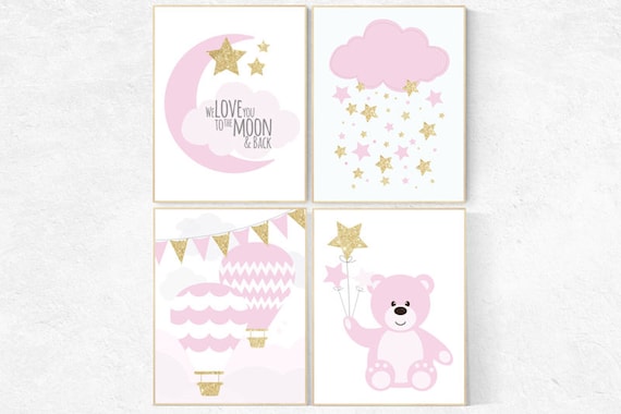 nursery decor pink and gold, nursery decor girl, we love you to the moon and back, pink gold nursery, hot air balloon, girls room decor,