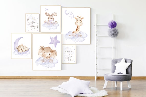 Nursery decor girl woodland, elephant, giraffe, bunny, bear, nursery decor girl purple, lilac nursery decor, purple nursery, girl nursery