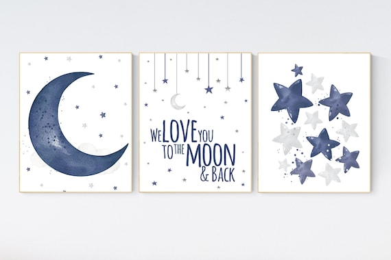 Nursery decor boy navy blue, Nursery wall art boy, navy nursery decor, moon and stars, we love you to the moon and back, nursery prints boy