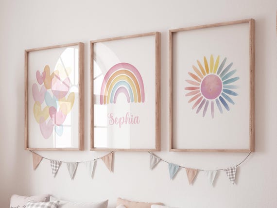 Personalized Rainbow Nursery Wall Art, Custom Name Print Set