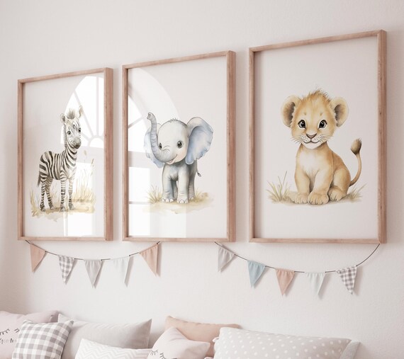 Safari Nursery Wall Art Set of 3, Baby Animal Prints, Zebra Elephant Lion Decor