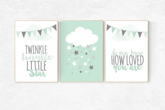 Twinkle Twinkle Little Star, Mint nursery decor, cloud nursery, gender neutral baby, new baby gift, mint gray, kids room, playroom decor