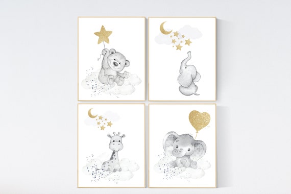 Animal nursery decor, gender neutral nursery, gold nursery decor, animal prints, moon and stars, bear, giraffe, elephant, balloon nursery