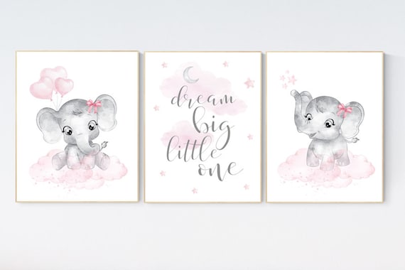 nursery decor elephant girl, baby room decor girl, nursery wall art elephant, pink gray, nursery prints elephants, dream big little one