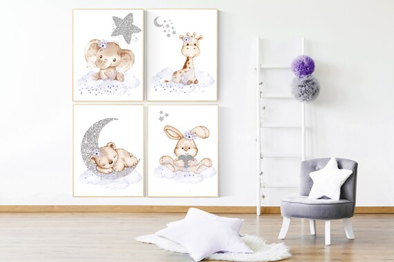 Nursery decor girl purple, giraffe, elephant, bunny, bear, purple silver, baby room art, animal nursery wall art, girl nursery, baby room