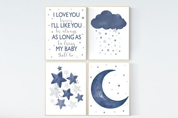 Nursery decor boy, navy nursery wall art boy, moon and stars, navy blue, navy nursery set, star nursery, baby room art, boy nursery prints