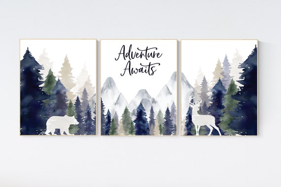 Woodland Nursery Prints, Mountain Print, sage nursery, nursery decor boy mountain, adventure theme nursery, forest, woodland animals