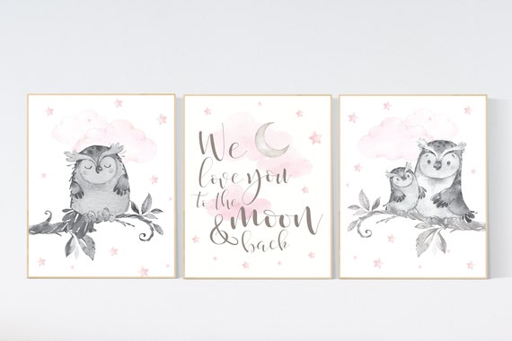 Nursery decor girl, nursery decor girl pink and gray, owl nursery decor, pink and gray nursery, owl print for nursery, baby room wall art