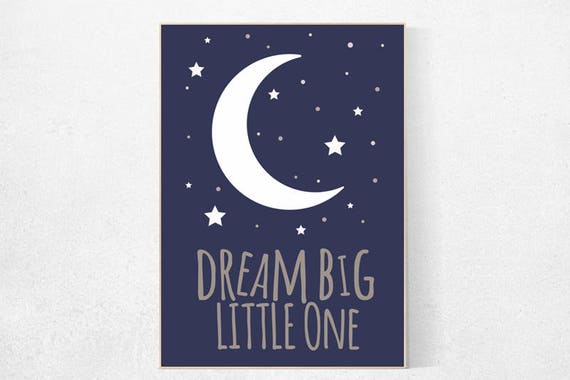 Navy nursery, Dream Big Little One, Moon and stars Nursery Art, boys room decor, navy nursery decor boy, boys room wall art, cloud nursery