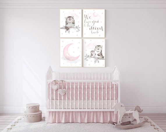 Nursery decor girl owl, we love you to the moon and back, owl nursery decor, girl nursery wall art, nursery ideas, pink nursery print