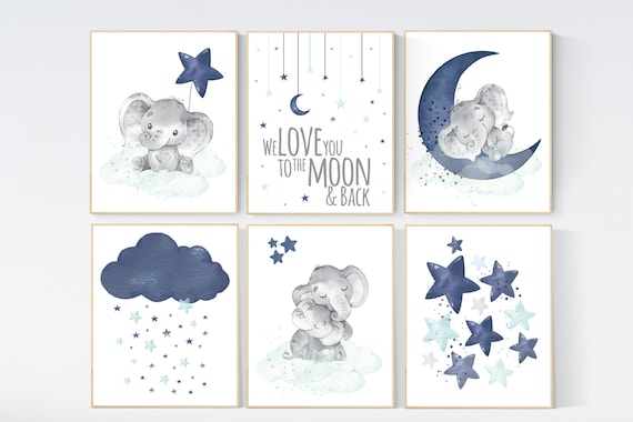 Nursery decor boy elephant, nursery wall art boy, navy teal, moon and stars, navy and teal nursery, boy nursery decor, elephant nursery art