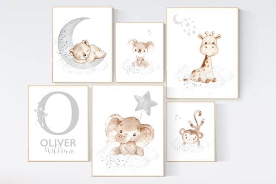 Animal nursery, gender neutral, Nursery wall art animals, gray nursery, neutral, lion, bunny, bear, elephant, giraffe, koala, animal prints