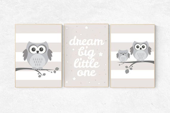 Owl nursery decor, Dream Big Little One, gender neutral nursery, beige and cream, Nursery Decor, Gray Beige gender neutral baby shower