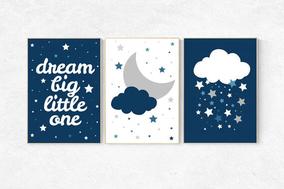 Navy nursery, dream big little one, cloud nursery art, Baby boy nursery decor, navy gray nursery, boys room wall art, baby room prints