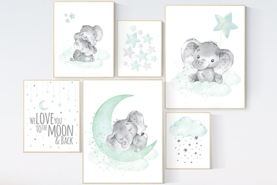 Nursery decor mint, mint green nursery, elephant nursery, we love you to the moon and back, gender neutral nursery, moon and clouds