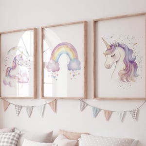 Unicorn Nursery Wall Art Set – Rainbow Print – Pastel Girl Bedroom Decor – Magical Unicorn Prints for Baby Room, rainbow print, unicorn