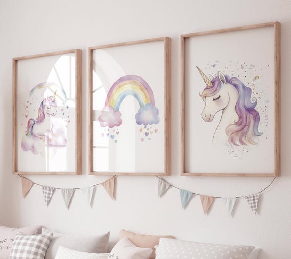 Unicorn Nursery Wall Art Set – Rainbow Print – Pastel Girl Bedroom Decor – Magical Unicorn Prints for Baby Room, rainbow print, unicorn