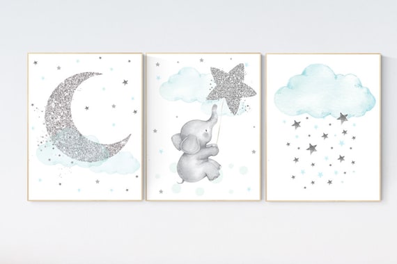 Nursery decor neutral, teal and gray nursery, silver and teal nursery, gray nursery prints, cloud and star nursery wall art, mint and gray