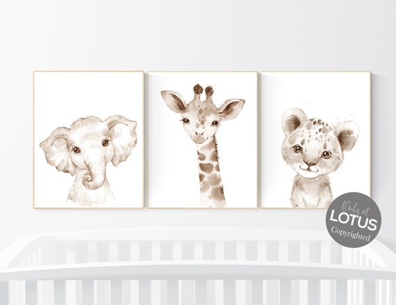 Nursery wall art animals, gray nursery, gender neutral nursery, neutral nursery, baby room decor, elephant, giraffe, animal prints