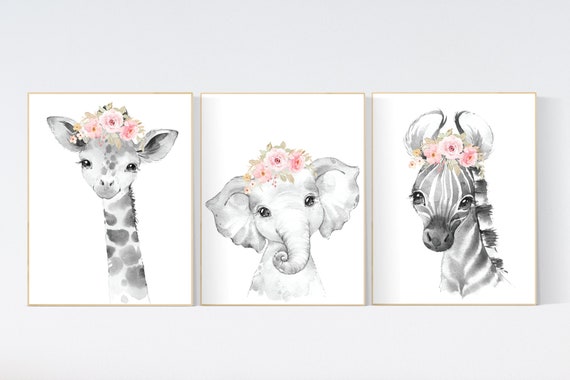 Girl nursery decor, Nursery wall art animals, Safari animals, Floral Nursery Prints, blush pink nursery, girls nursery decor, elephant