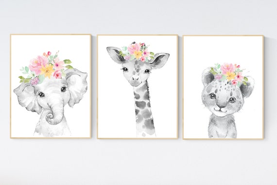 Girl nursery decor, Nursery wall art animals, Safari animals, Floral Nursery Prints, pink nursery, girls nursery decor, elephant nursery