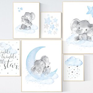 Nursery decor elephant, nursery wall art boy, Blue grey, cloud and stars nursery, elephant nursery art, moon nursery art, baby room wall art