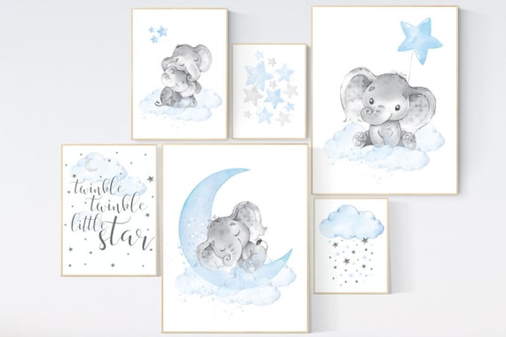 Nursery decor elephant, nursery wall art boy, Blue grey, cloud and stars nursery, elephant nursery art, moon nursery art, baby room wall art