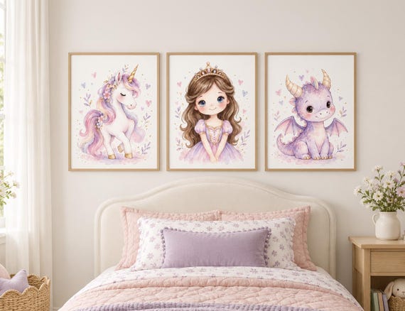 Unicorn Princess Dragon Nursery Wall Art Set of 3, Pink Lavender Fairy Tale Prints