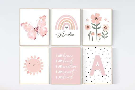 Rainbow nursery, butterfly print, Girl bedroom art, name print, girls room decor, blush nursery,  flower nursery, polka dot