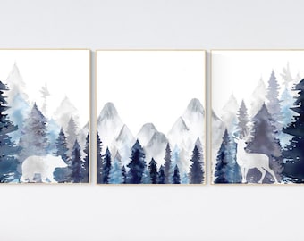 Nursery decor woodland, mountain wall art, tree nursery decor, adventure theme nursery, forest, navy and baby blue, woodland animals