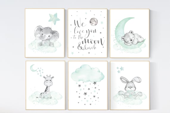 Nursery decor mint and grey, nursery wall art neutral, moon and stars, mint green, bear, giraffe, elephant, bunny, gender neutral nursery