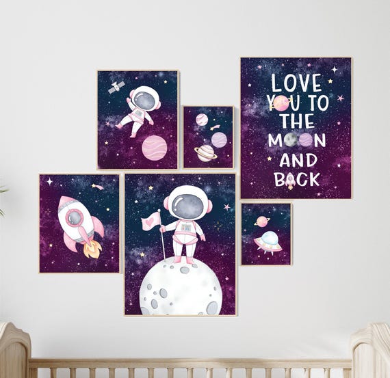Space nursery, girls space wall art, Space Nursery Prints, Playroom Decor,space wall art, Outer Space Nursery Wall Art, Rocket Ship