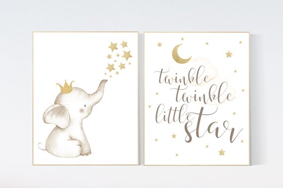 Nursery decor girl gold, Elephant nursery decor, gold nursery, girl nursery art, baby room wall art, twinkle twinkle little star nursery