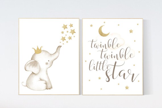 Nursery decor girl gold, Elephant nursery decor, gold nursery, girl nursery art, baby room wall art, twinkle twinkle little star nursery