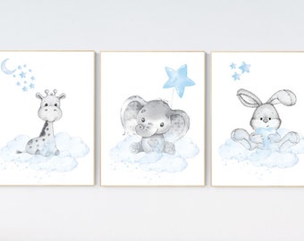 Elephant and Giraffe Nursery Prints: Blue Grey Baby Room Wall Art