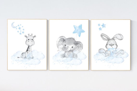 Nursery decor elephant and giraffe, animal nursery prints, blue grey nursery, blue nursery, baby room wall art, woodland animal prints