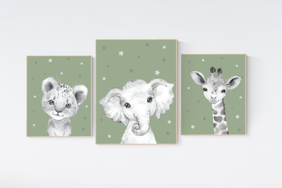 Nursery wall art animals, green nursery, gender neutral nursery, sage green, baby room decor, bear, elephant, giraffe, animal prints