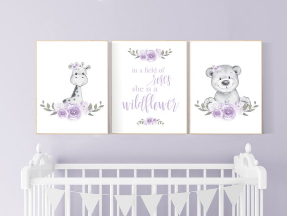 Nursery decor girl lilac, Floral jungle animals, bear, giraffe, Nursery wall art, flower, purple, in a field of roses she is a wildflower