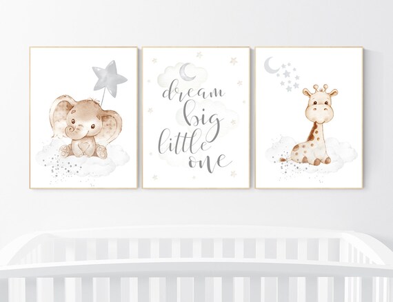 Nursery wall art animals, baby room decor gray, baby room decor, elephant, giraffe, animal nursery decor, nursery prints, grey nursery
