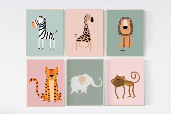 Safari Nursery Wall Prints, Boho Nursery Prints, jungle animals, blush and sage Green Nursery Art, animal Nursery Decor, animal prints
