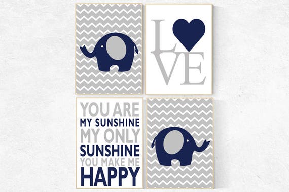 Navy nursery decor, You are my sunshine my only sunshine, navy gray, elephant nursery, kids room decor, kids quotes, baby boy nursery decor