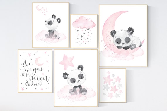 Nursery wall art girl, pink grey, panda nursery decor, panda bear nursery, we love you to the moon and back, moon and stars, baby room art
