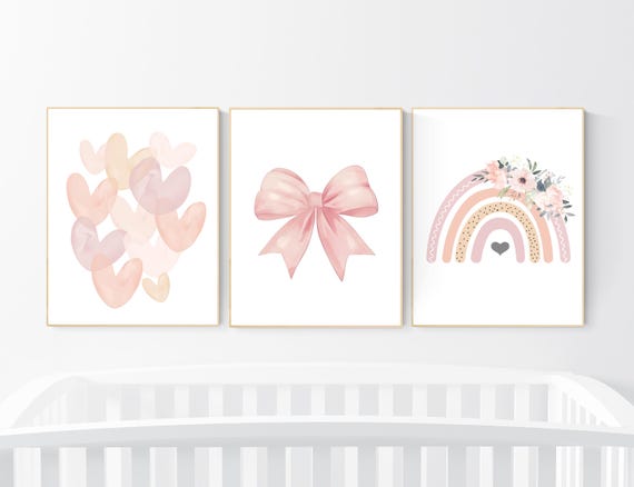 Rainbow nursery, heart print, bow print, Girl bedroom art, girls room decor, blush nursery, baby girl wall art, blush nursery
