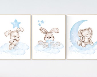 Bunny Nursery Print Set: Blue Rabbit Decor, Boy Nursery Wall Art