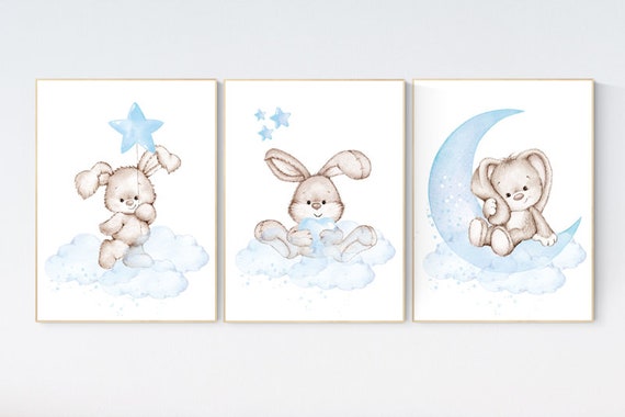 Nursery decor boy bunny, bunny print set, blue nursery, rabbit nursery decor, boy nursery, Bunny print nursery, boy nursery wall art