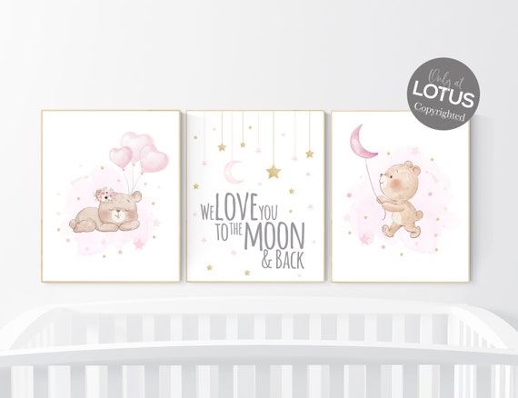 We love you to the moon and back, Bear nursery, Nursery decor girl, pink and gold, girls room decor, animal nursery, pink gold nursery