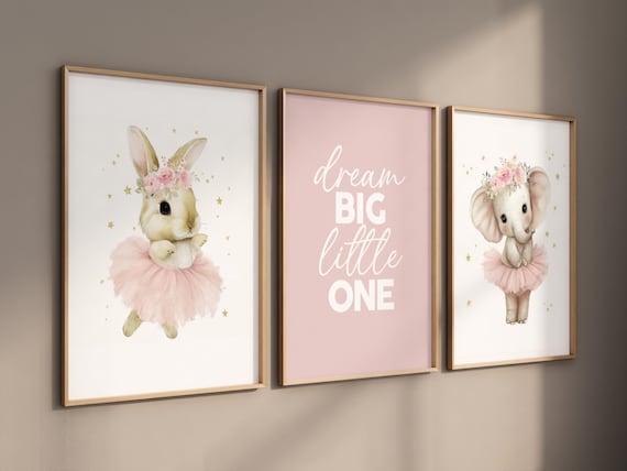Ballerina Nursery Wall Art Set of 3, Bunny and Elephant Prints